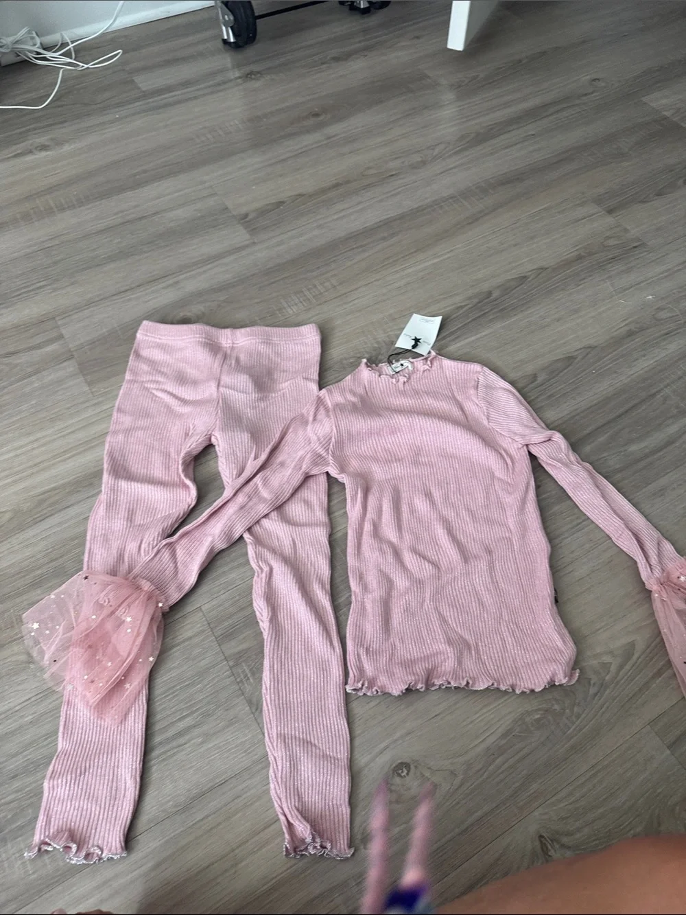Petite Hailey Girls Ribbed Pink Pajama Set with Tulle Cuff Detail